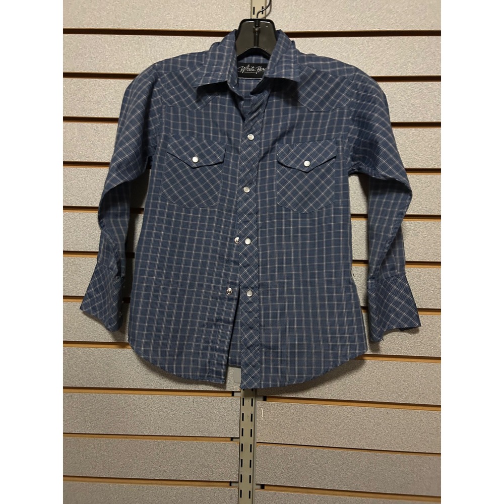 White‎ Horse Kids Blue Plaid Long Sleeve Western Snap Shirt Size M Cowboy Rodeo